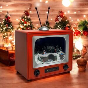 Red Retro TV with Snowy Village & Moving Train, Lights Up Plays Christmas Tunes